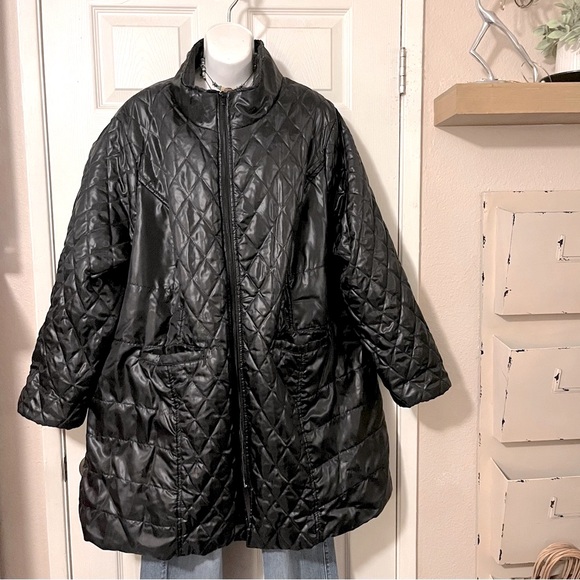 Black Quilted Lightweight Puffer Mid Length Funnel Neck Coat Jacket  Sz 2X - Picture 2 of 10